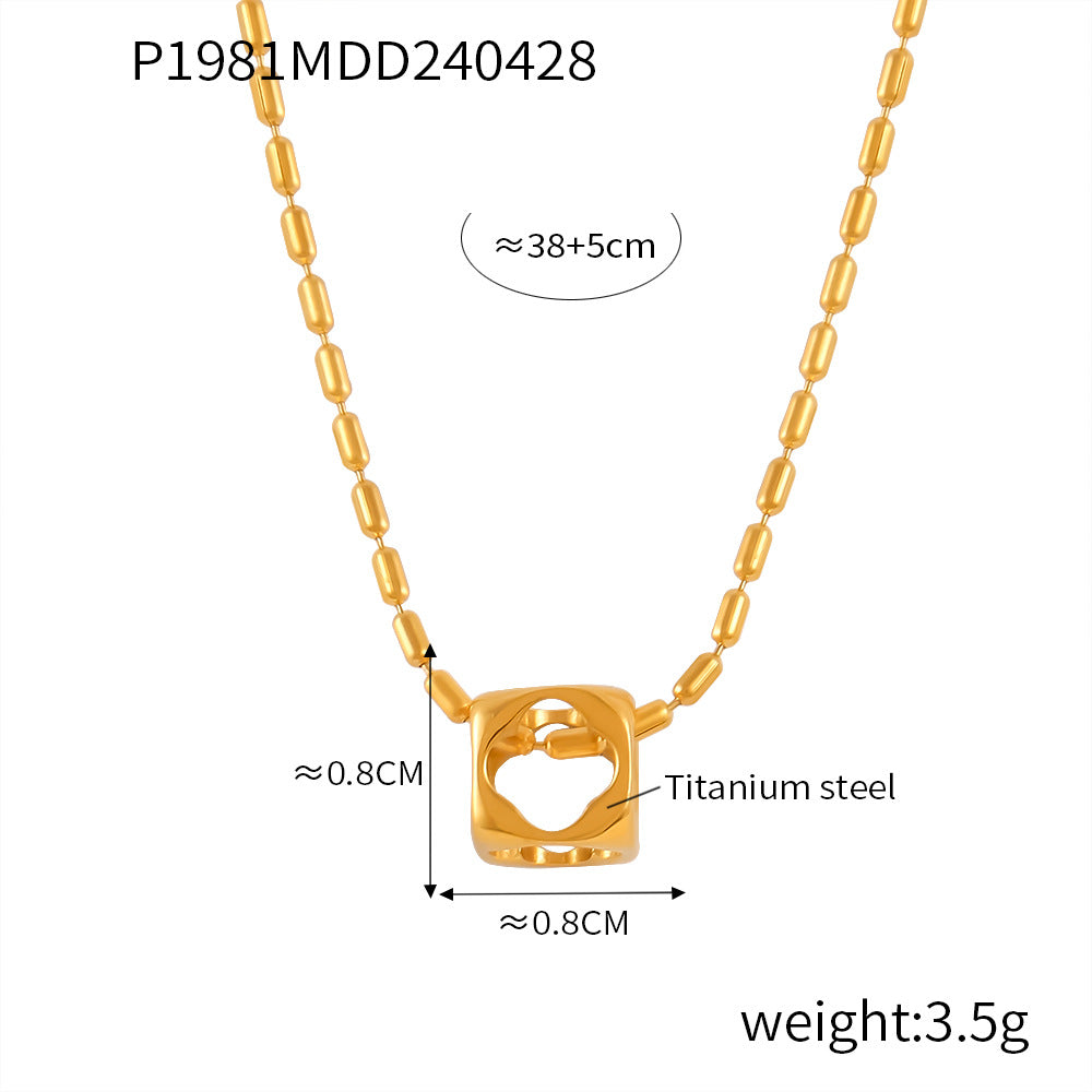 Leisure vacation style niche simple rice bead chain jewelry personalized hollow square pendant titanium steel gold-plated necklace pp