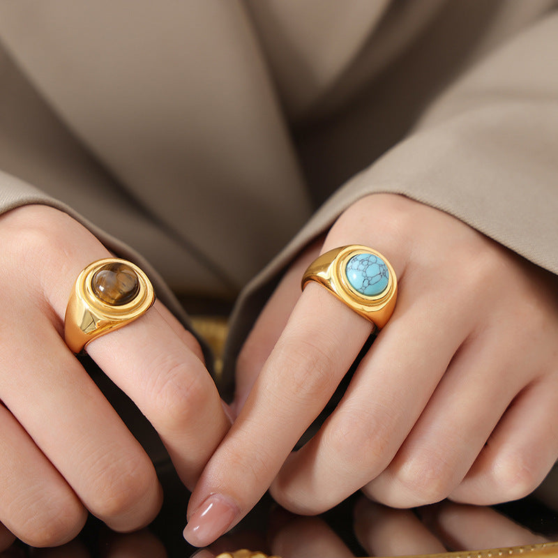 New Empress Dowager Tiger's Eye Blue Turquoise Retro Court Light Luxury Couple Titanium Steel Ring Ring