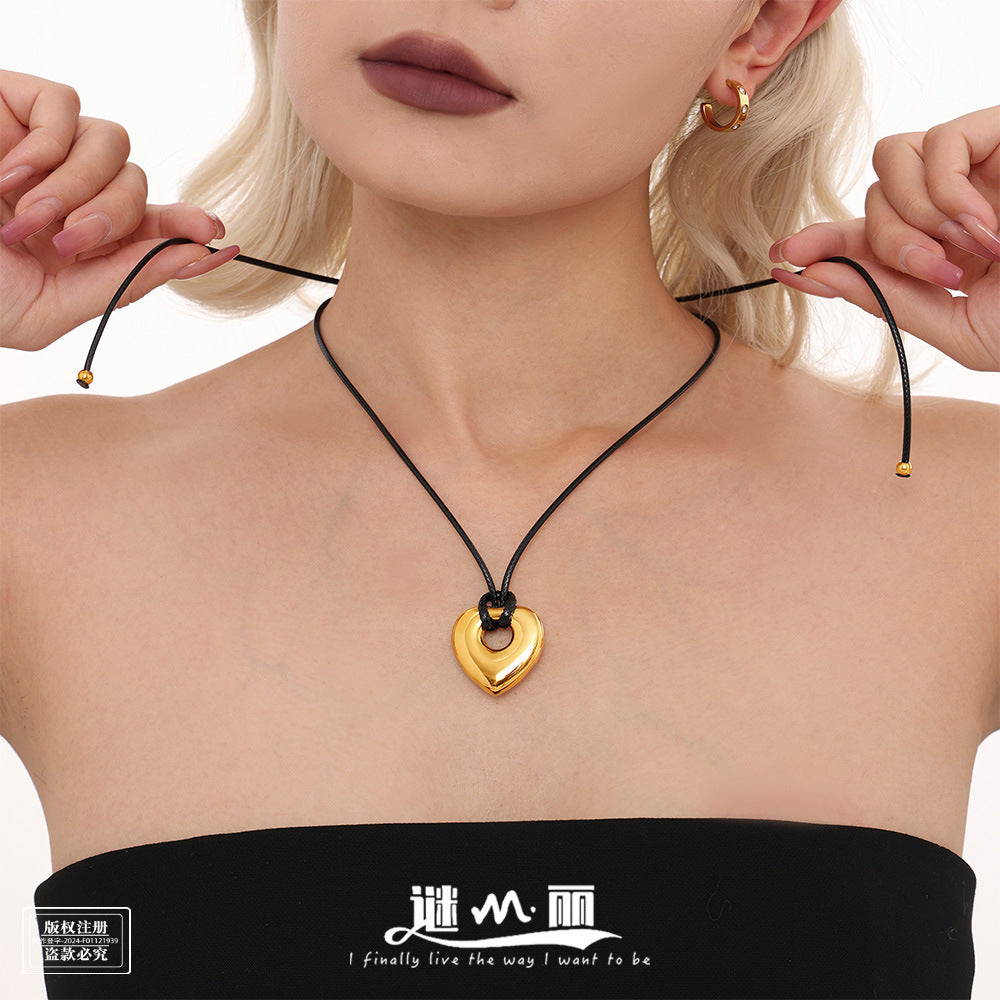 Stainless steel love leather rope long sweater chain pull adjustable solid pendant PVD real gold jewelry