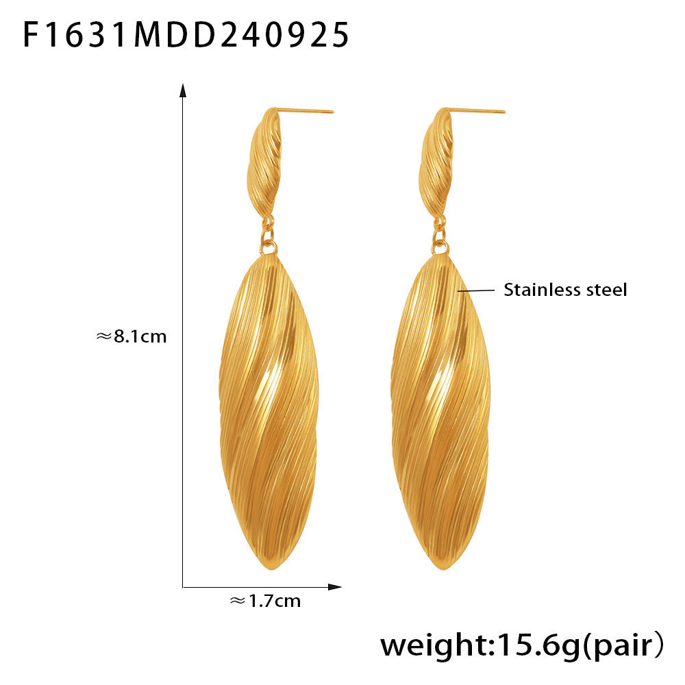 Medieval vintage striped long shell pendant earrings temperament fashionable stainless steel plated 18k gold earrings 99