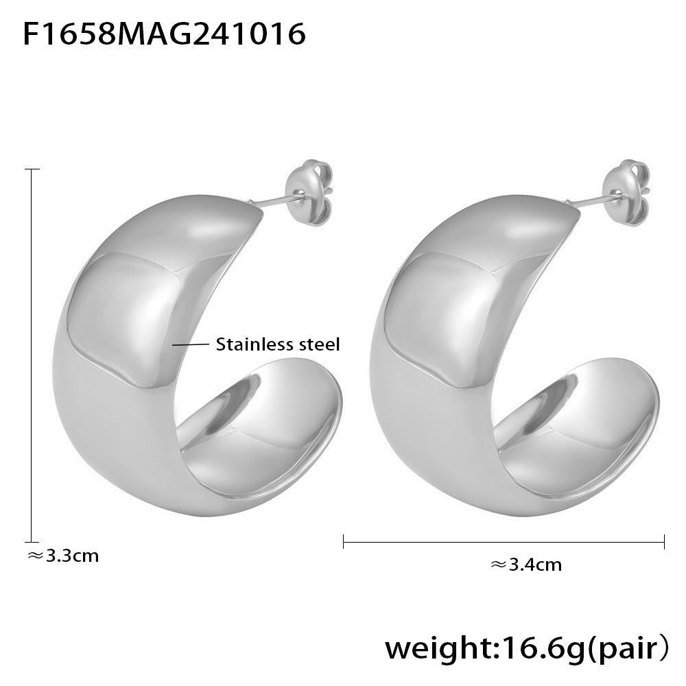 Accessories Light Luxury Wide Glossy C-Shaped Earrings Women's Titanium Steel Exaggerated Earrings PVD Color Retaining Electroplating Earrings