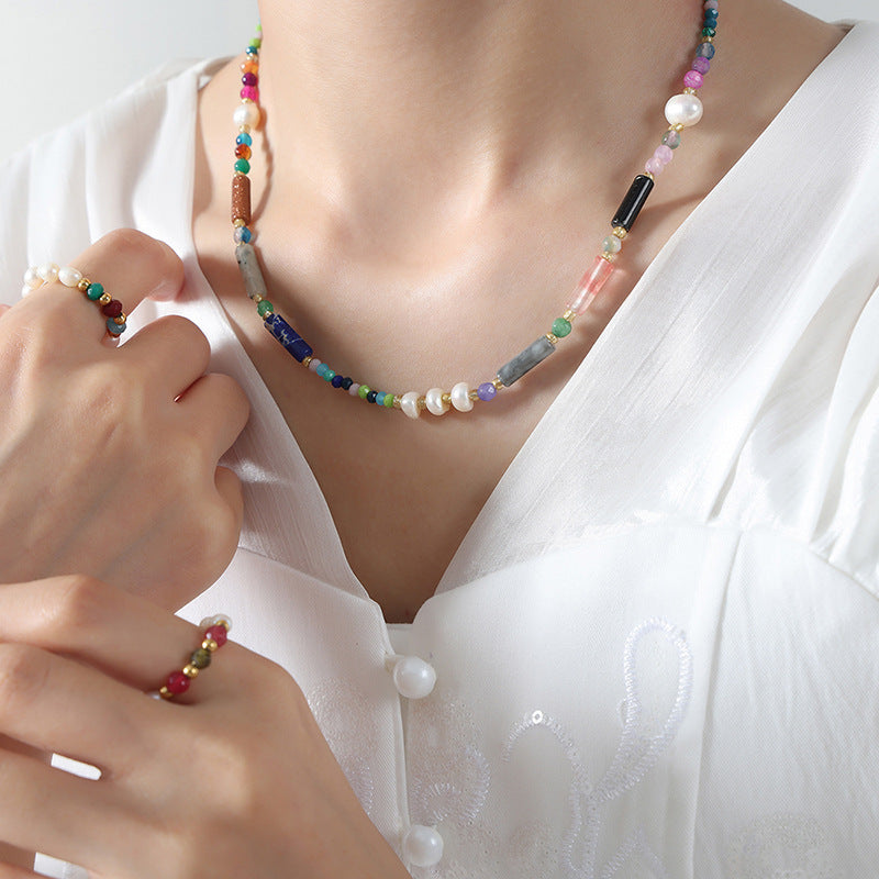 Medieval new high-end fashion retro light luxury natural stone freshwater pearl handmade beaded necklace jewelry women