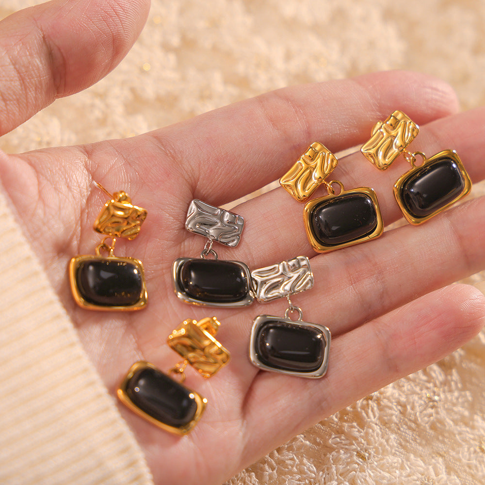 Wind retro niche pleated texture square brand earrings inlaid with black glass design titanium steel gold-plated earrings