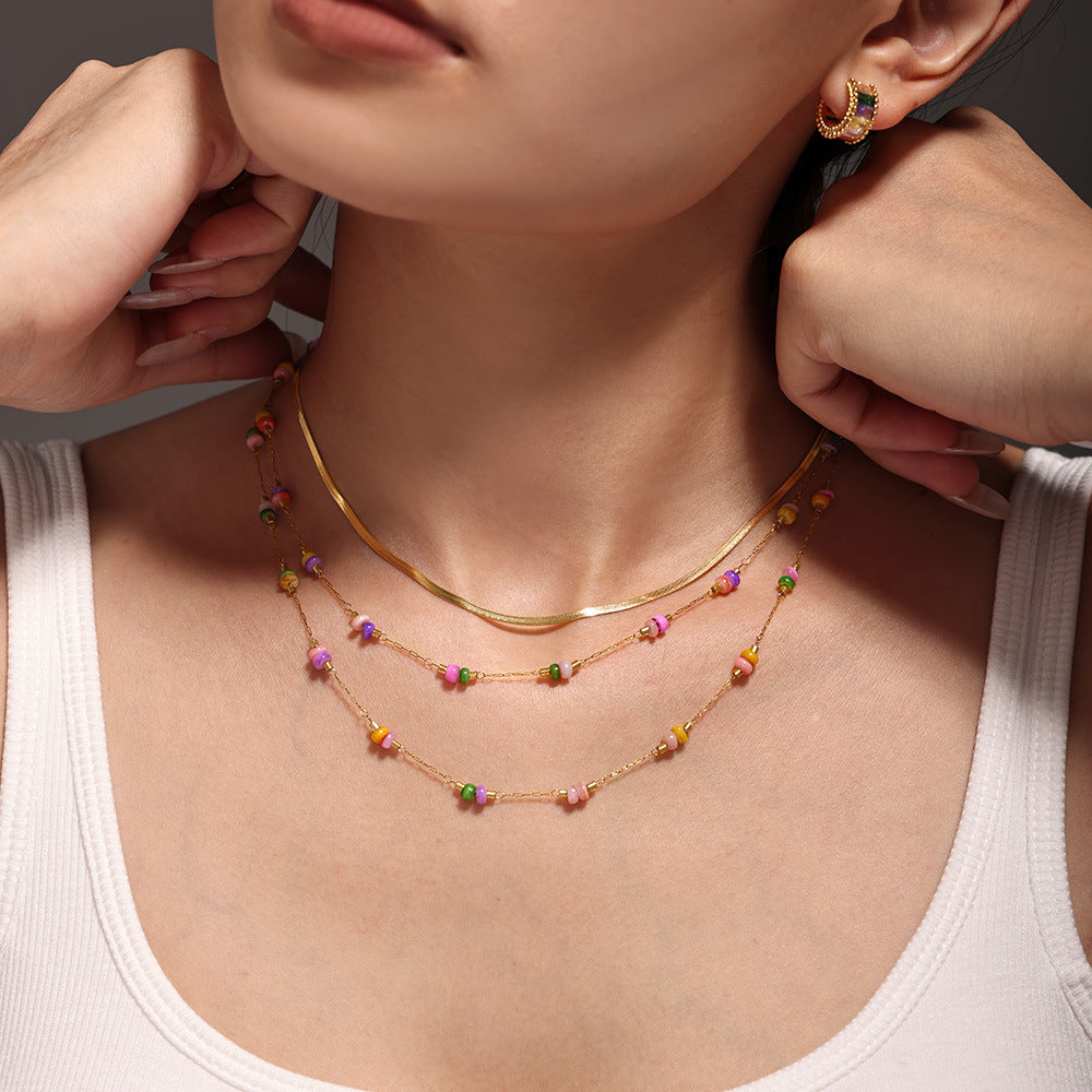 Color natural stone light luxury double-layer necklace bracelet women's stainless steel handmade chain set is available in stock.