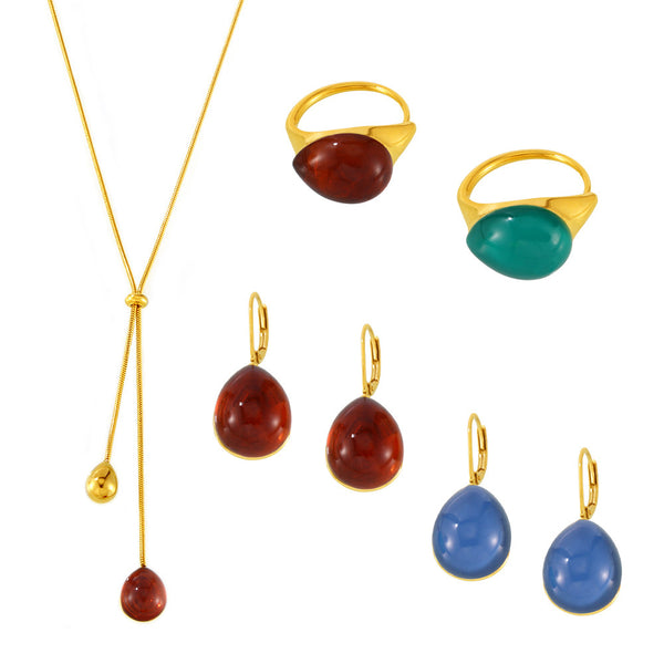 Multi-color water drop-shaped resin pendant, fringed collarbone necklace, ring earrings, stainless steel gift set, wholesale.