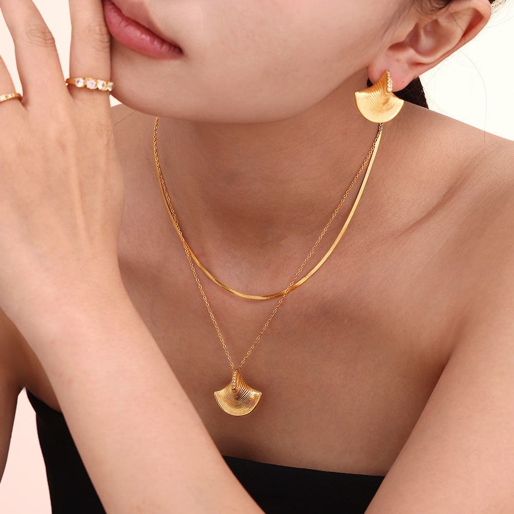 Cold wind three-dimensional fan-shaped shell zircon pendant necklace earrings light luxury temperament marine series set 99