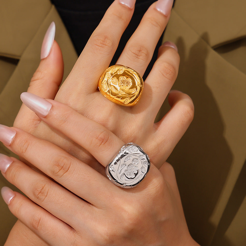 Vintage geometric element karst texture ring 18k gold plated fashion exaggerated stainless steel trend jewelry