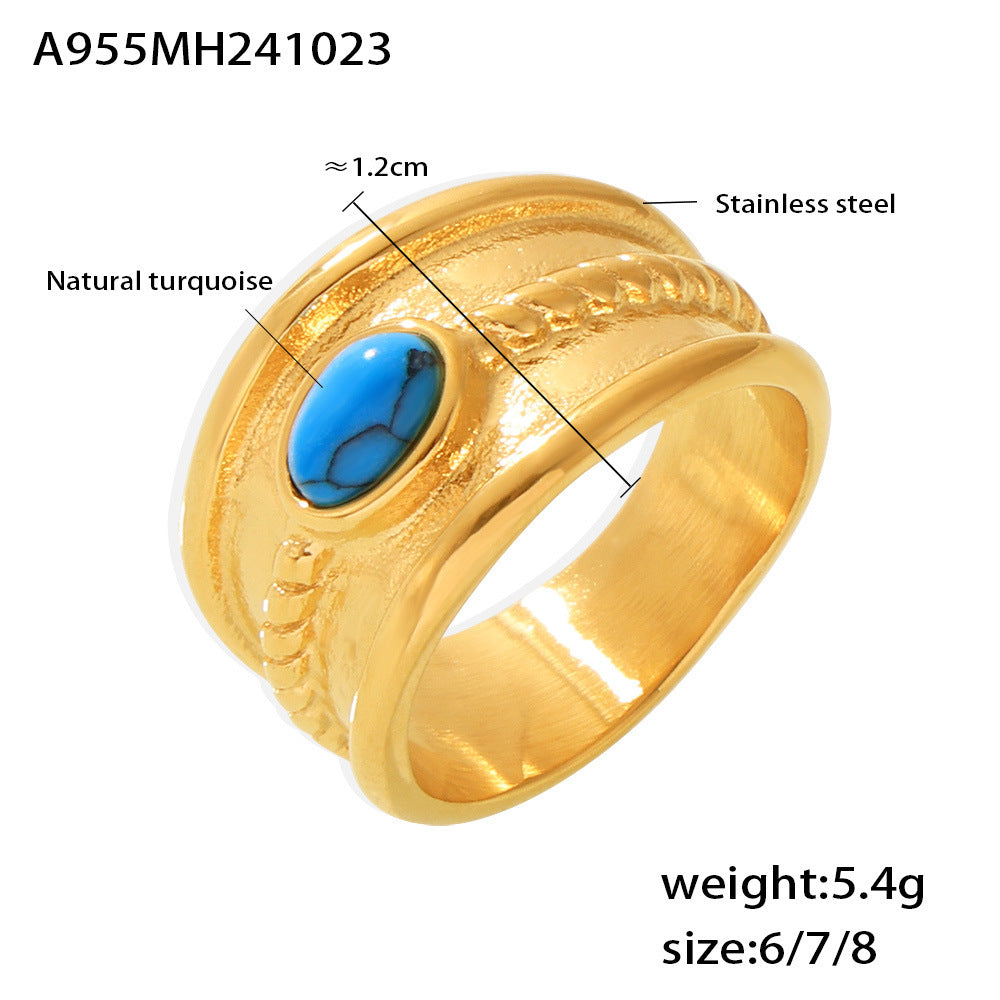 Stainless steel turquoise tiger's eye stone twist pattern ring women's PVD electroplated real gold color retention tail ring spot 99