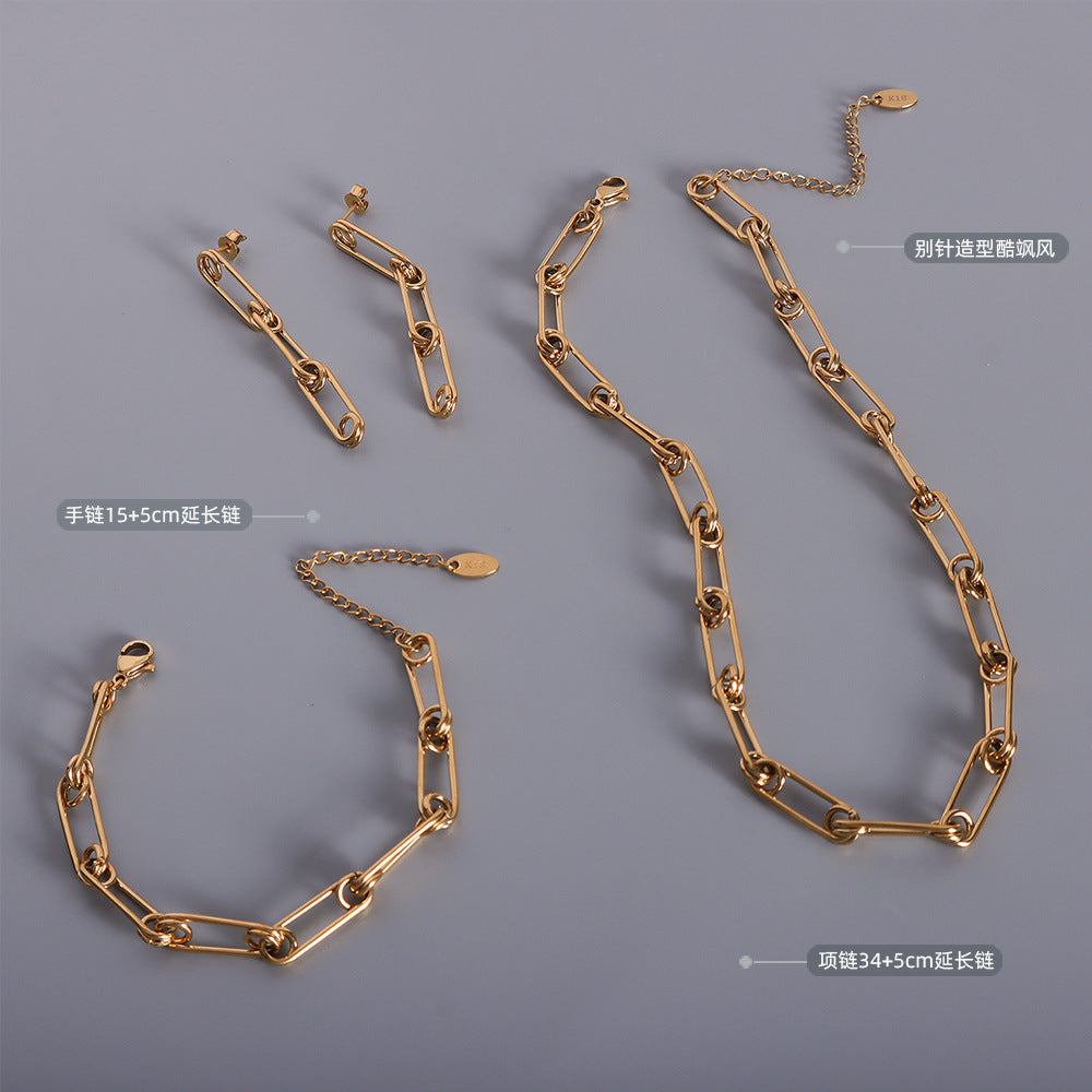 Marka Paper Clip Chain Neck Collar Titanium Steel 18k Gold Bracelet Earrings E245-P1046-F449