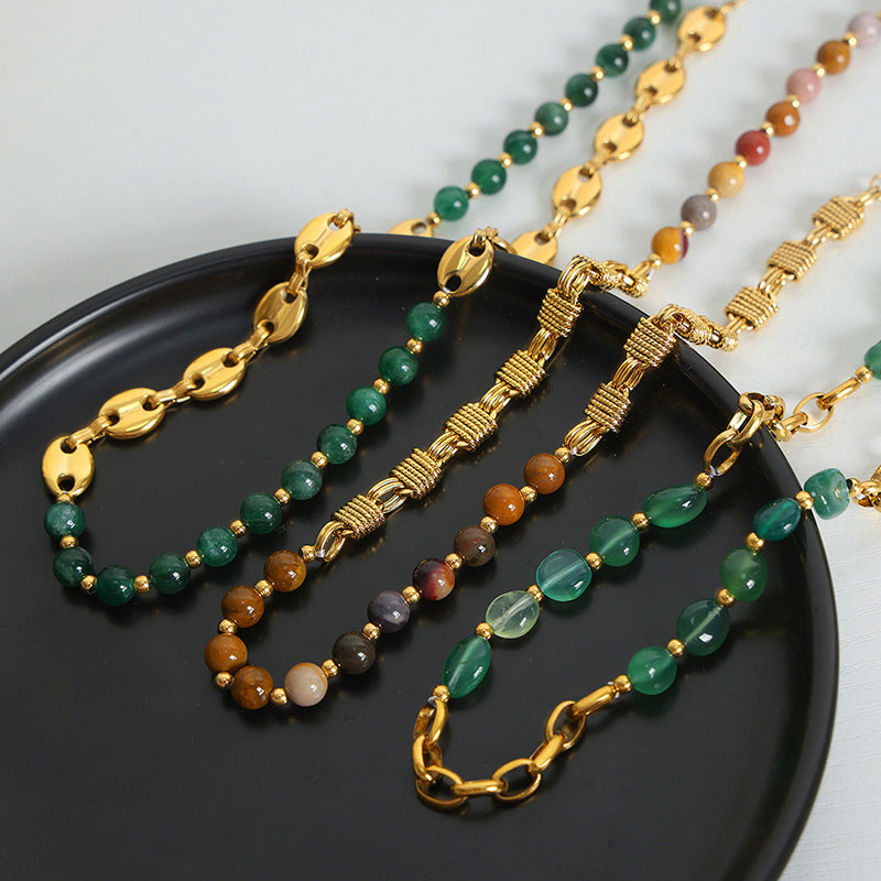 New European high-end light luxury personalized niche titanium steel gold-plated natural crystal stone necklace jewelry p