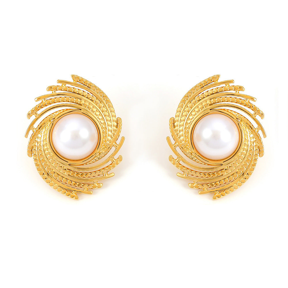Cross-border new geometric thread inlaid imitation pearl earrings women's titanium steel plated 18k gold braided texture stud earrings pp