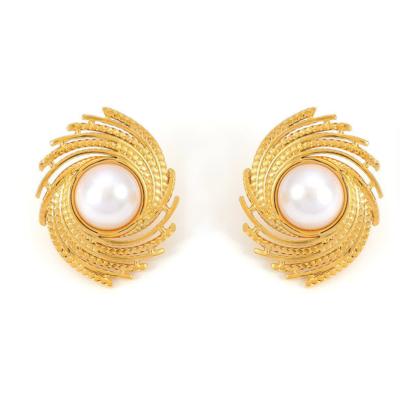 Cross-border new geometric thread inlaid imitation pearl earrings women's titanium steel plated 18k gold braided texture stud earrings pp