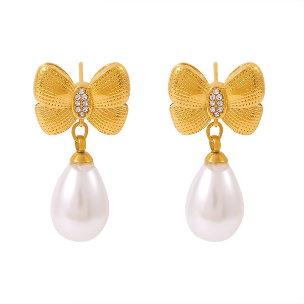 Bow tassel imitation pearl earrings women's niche diamond-set titanium steel-plated 18k gold fashion earrings 99