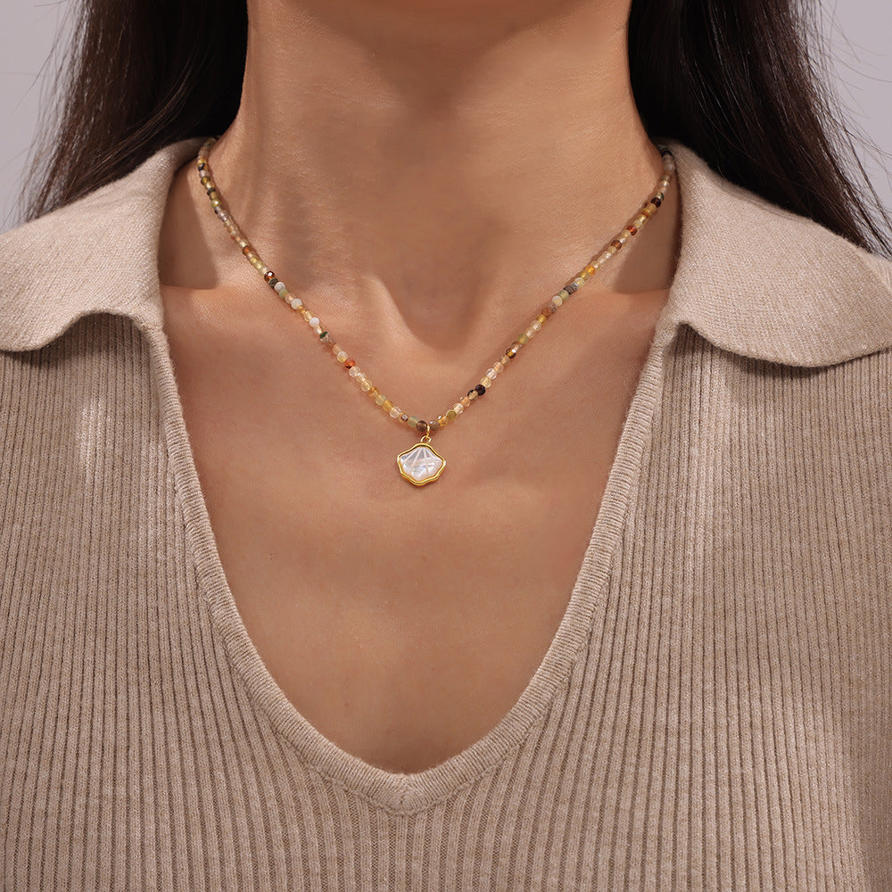 Bohemian new white sea shell pendant natural stone beaded splicing necklace chic style personality temperament jewelry women