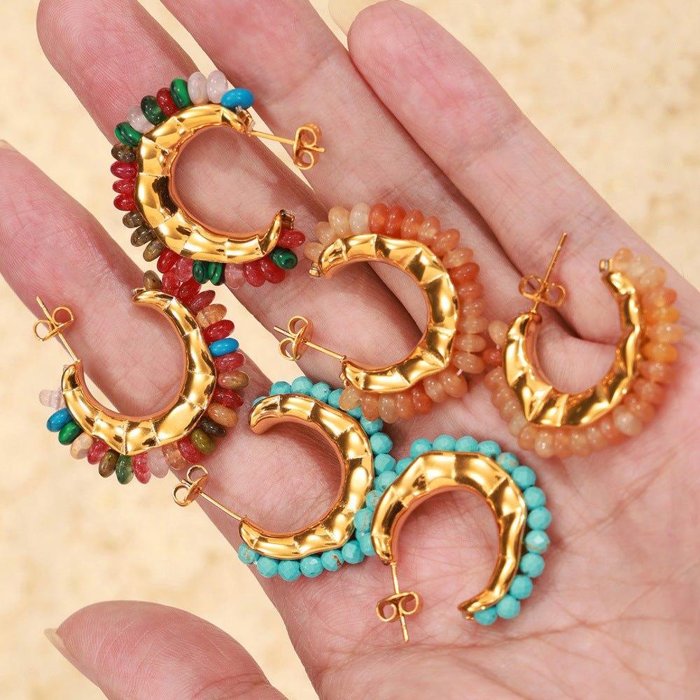 Dopamine wear fashionable simple personality elegant jewelry inlaid with colorful natural stone design titanium steel C stud earrings pp
