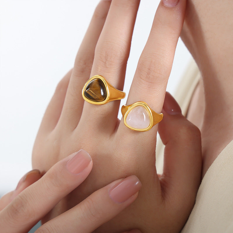 Hot-selling natural powder spar natural tiger's eye retro light luxury elegant couple ring titanium steel ring 99