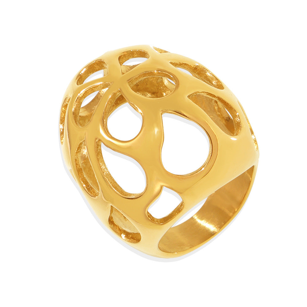 Large glossy hollow exaggerated heavy industry ring women's stainless steel plated 18K real gold color retention spot