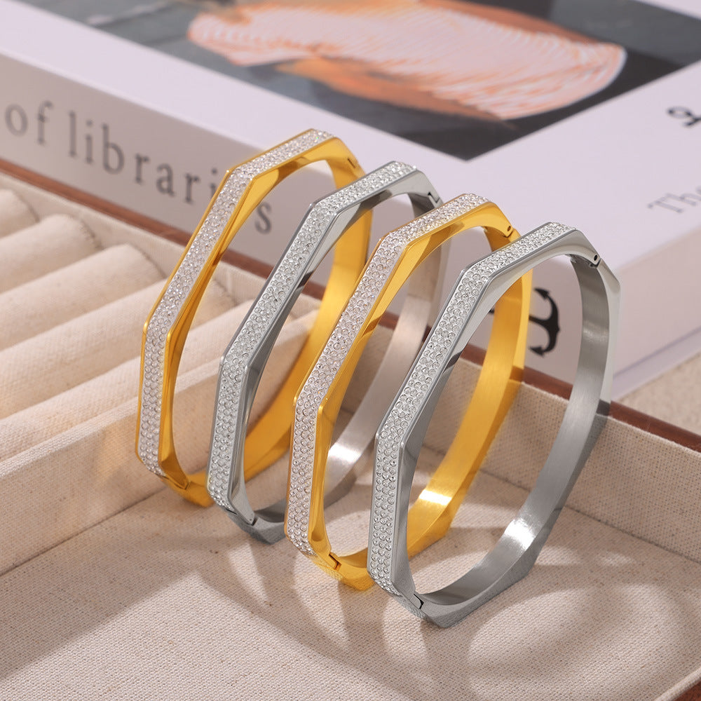 Temperament elegant simple cold wind jewelry personalized diamond design titanium steel gold-plated octagonal bracelet pp