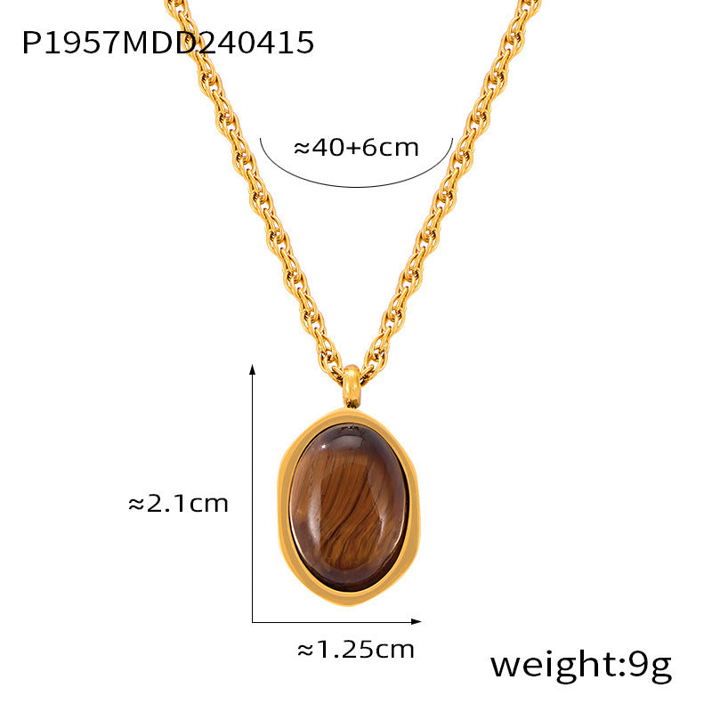 Vintage niche design sense geometric jewelry cold wind temperament tiger's eye stone Maillard wind titanium steel necklace