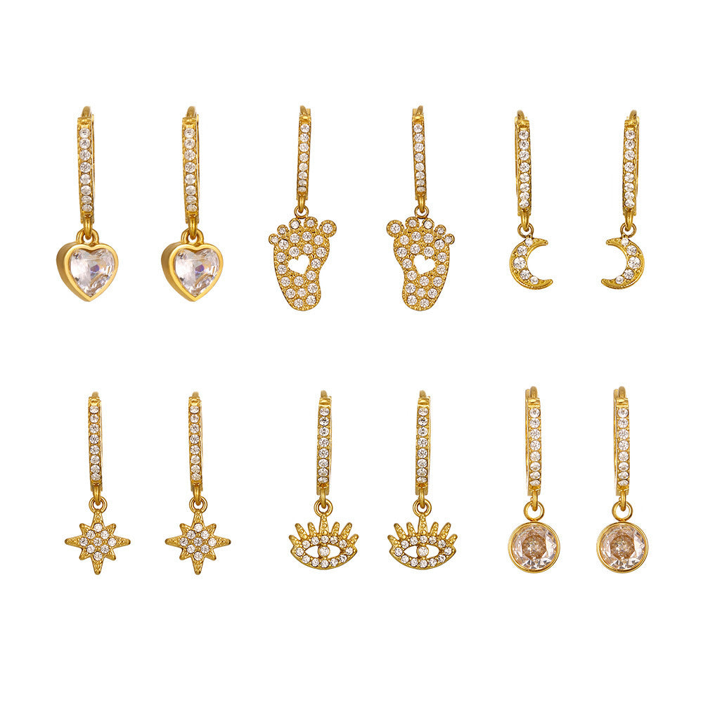 Stainless steel inlaid zircon full diamond earrings multi-element earrings plated with 18k gold color retention exquisite earrings combination
