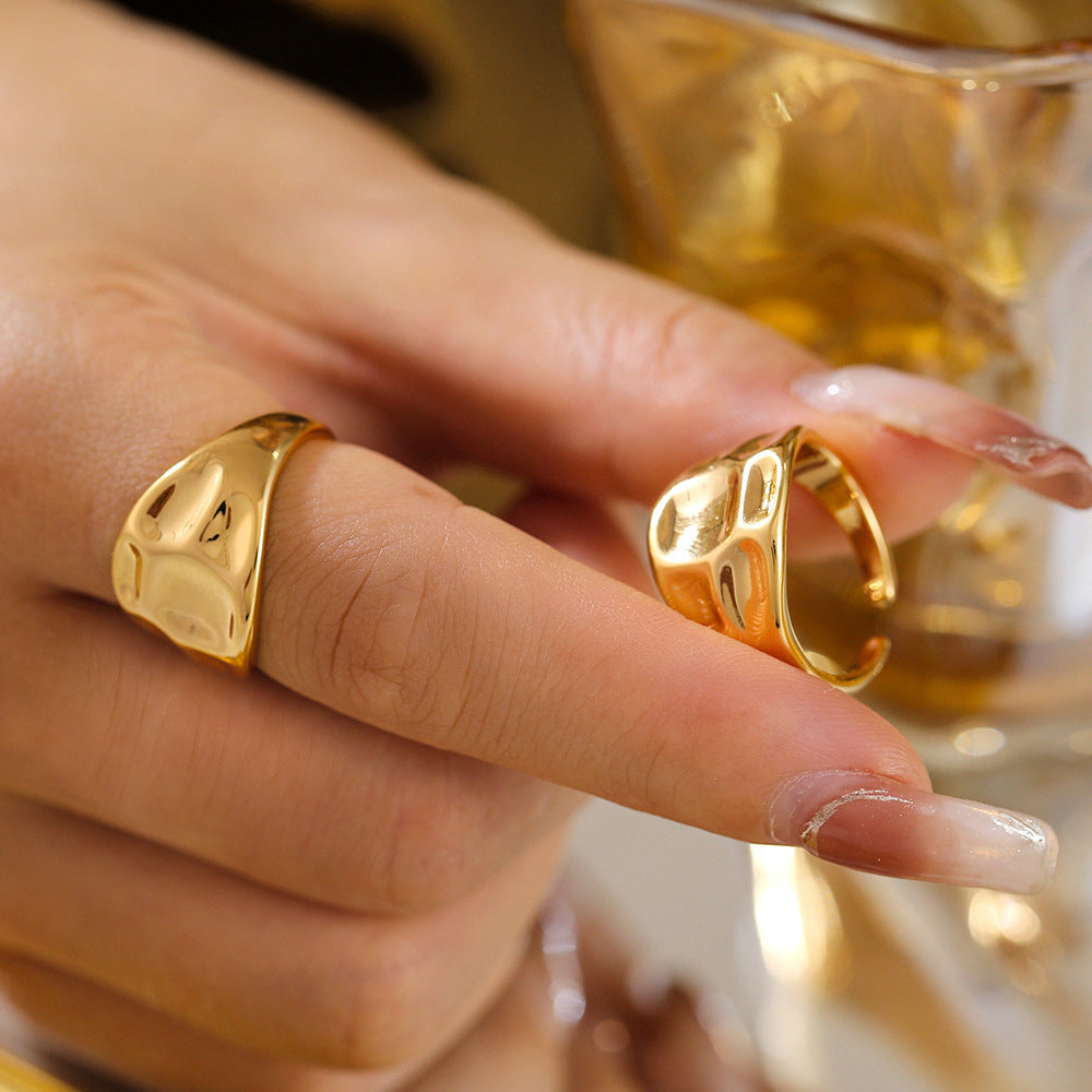 Fashion curved open ring cold wind copper water plated 18K gold concave and convex texture ring