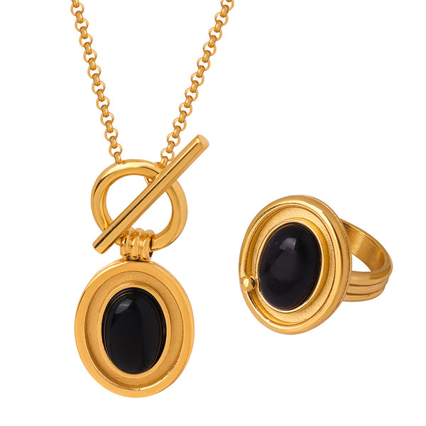 New composite titanium steel gold-plated agate oval pendant OT buckle necklace ring set jewelry