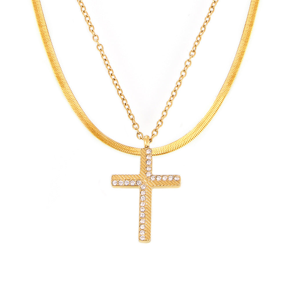 Creative twill cross zircon pendant necklace female niche light luxury stacking wearing titanium steel collarbone chain female 9