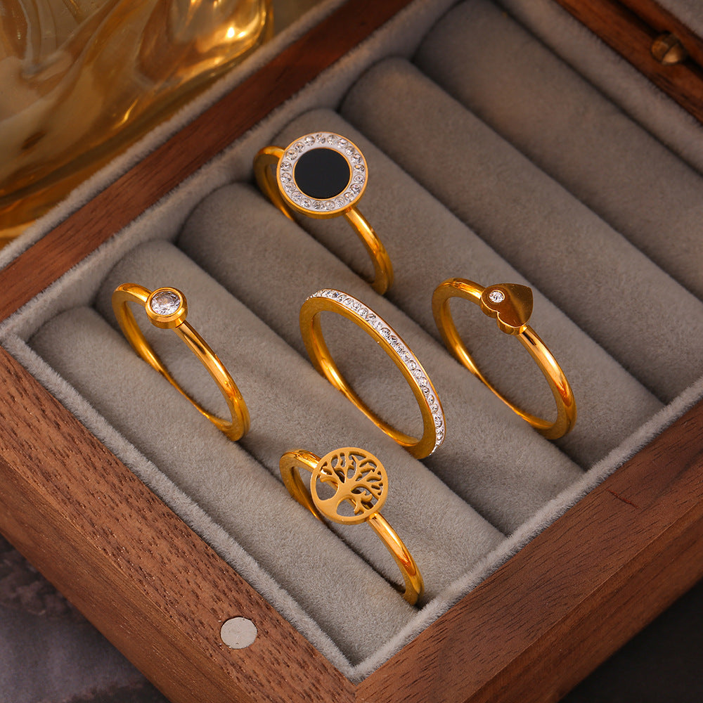Jewelry, Tree of Life smooth titanium steel plated 18K real gold ring, love belt diamond tail ring, spot wholesale pp