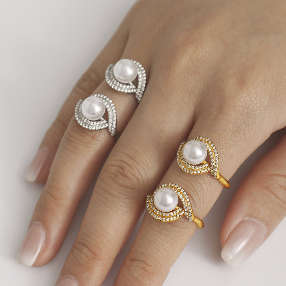 Stainless steel double-layer zircon luster bead ring opening adjustable non-fading luxury jewelry