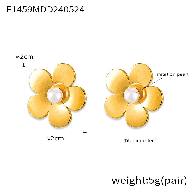 Textured petals flower inlaid bead stud earrings stainless steel electroplated 18K real gold earrings earrings combination