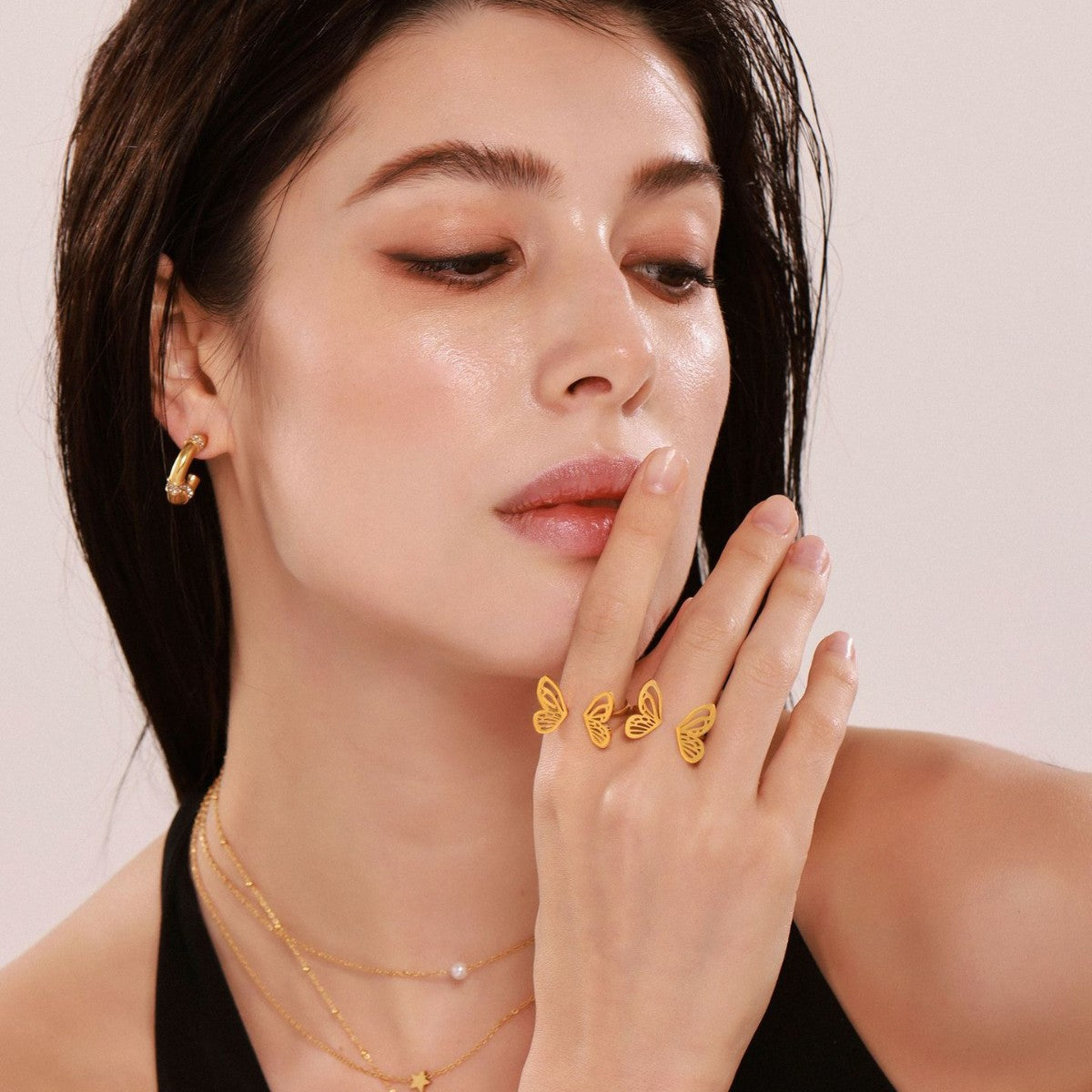 Butterfly fairy ring female creative opening niche design stainless steel plated 18K real gold color retention hand jewelry 99