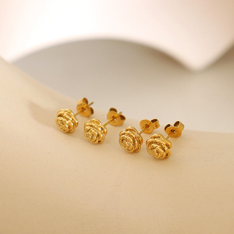 Minimalist titanium steel gold-plated rose flower stud earrings, small fragrance, cute and versatile niche design earrings, jewelry, women's 99