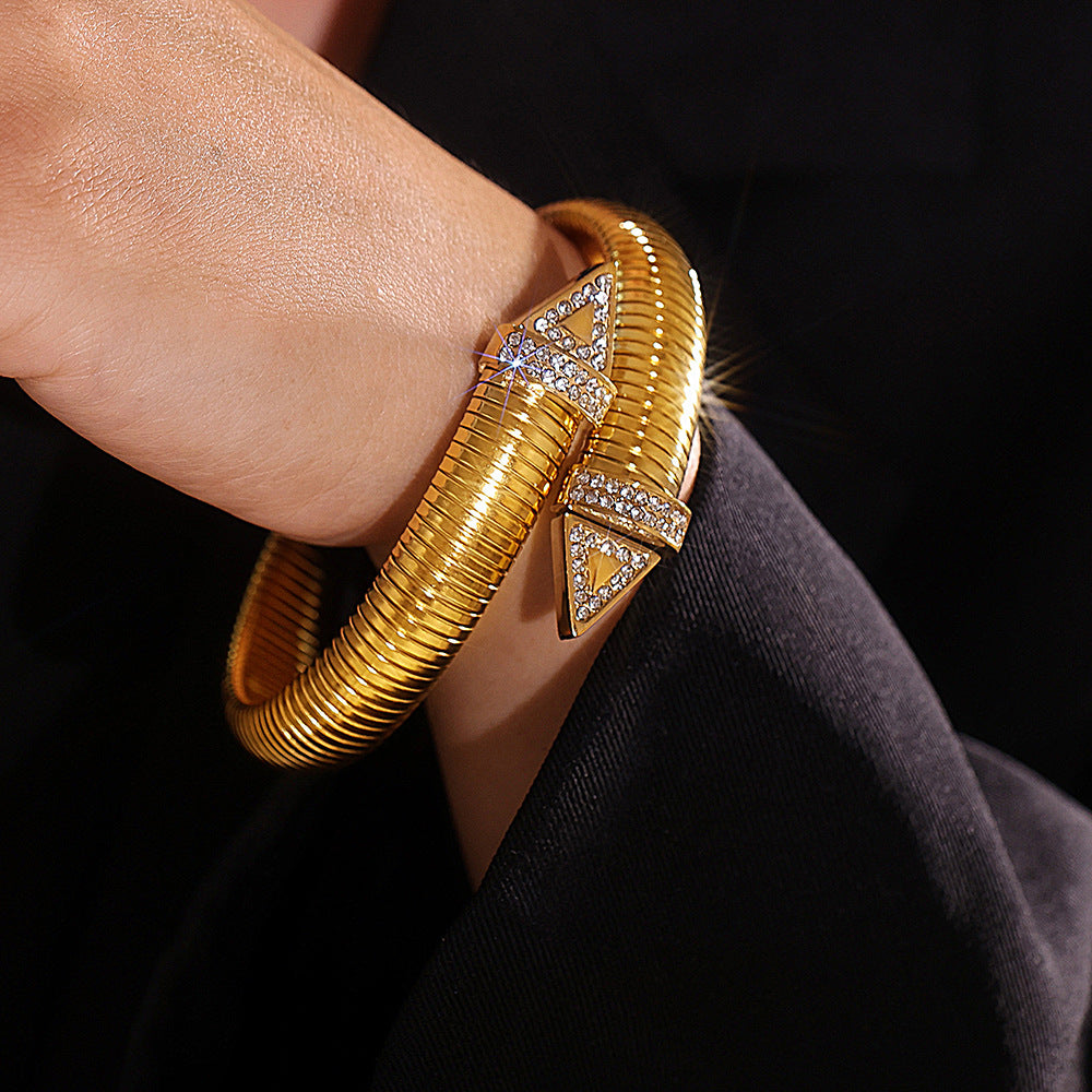 Goose Throat Open Bracelet Titanium Steel Plated Personality Triangle Belt Diamond Bracelet Versatile Spring Plated 18k Gold Bracelet Women