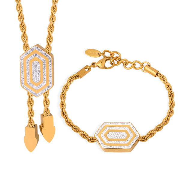 Simple and personalized light luxury wind titanium steel gold-plated hexagonal pendant with diamond pull-out buckle jewelry set for women