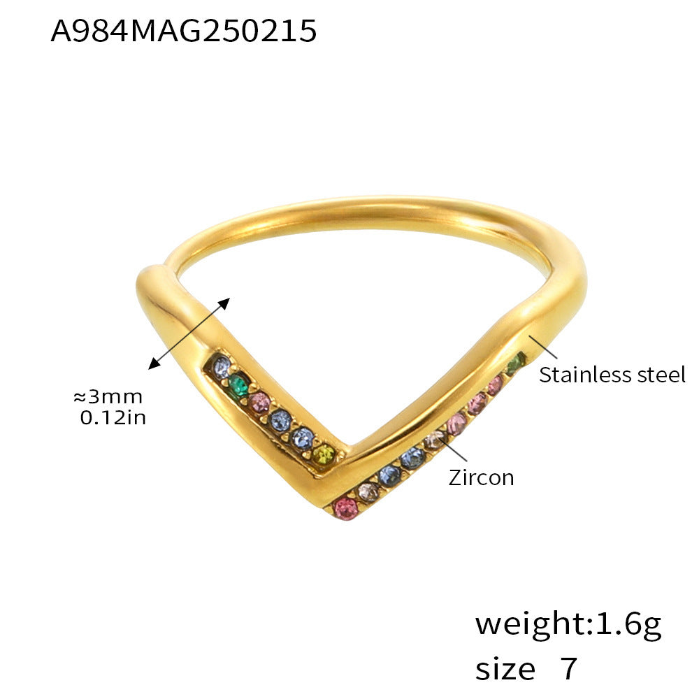 V-shaped diamond 5A zircon side opening adjustable stainless steel ring women's non-fading index finger ring
