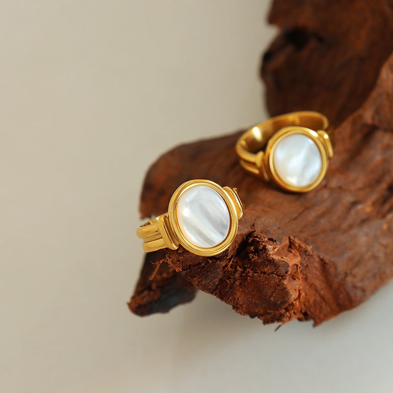 Vintage White Sea Shell Charming Ring Jewelry, 18 Real Gold Titanium Steel Index Finger Ring Jewelry A256