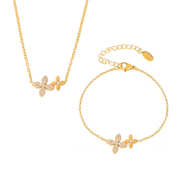 Zircon four-leaf flower double-layer collarbone necklace bracelet women's stainless steel PVD plating set