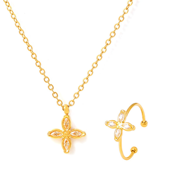 Niche four-petaled flower inlaid zircon pendant, collarbone necklace, open ring, titanium steel plated 18k real gold set, women's 99.