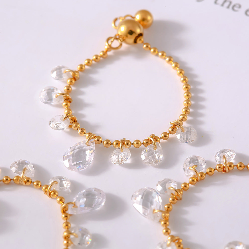 Cold wind personalized rice bead chain jewelry crystal stone pendant pull button titanium steel gold-plated ring 99