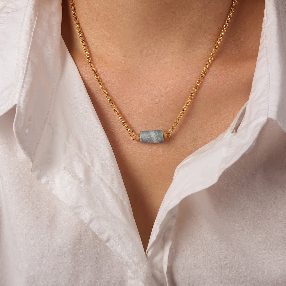 New retro personality niche titanium steel gold-plated geometric irregular natural stone pendant necklace jewelry women