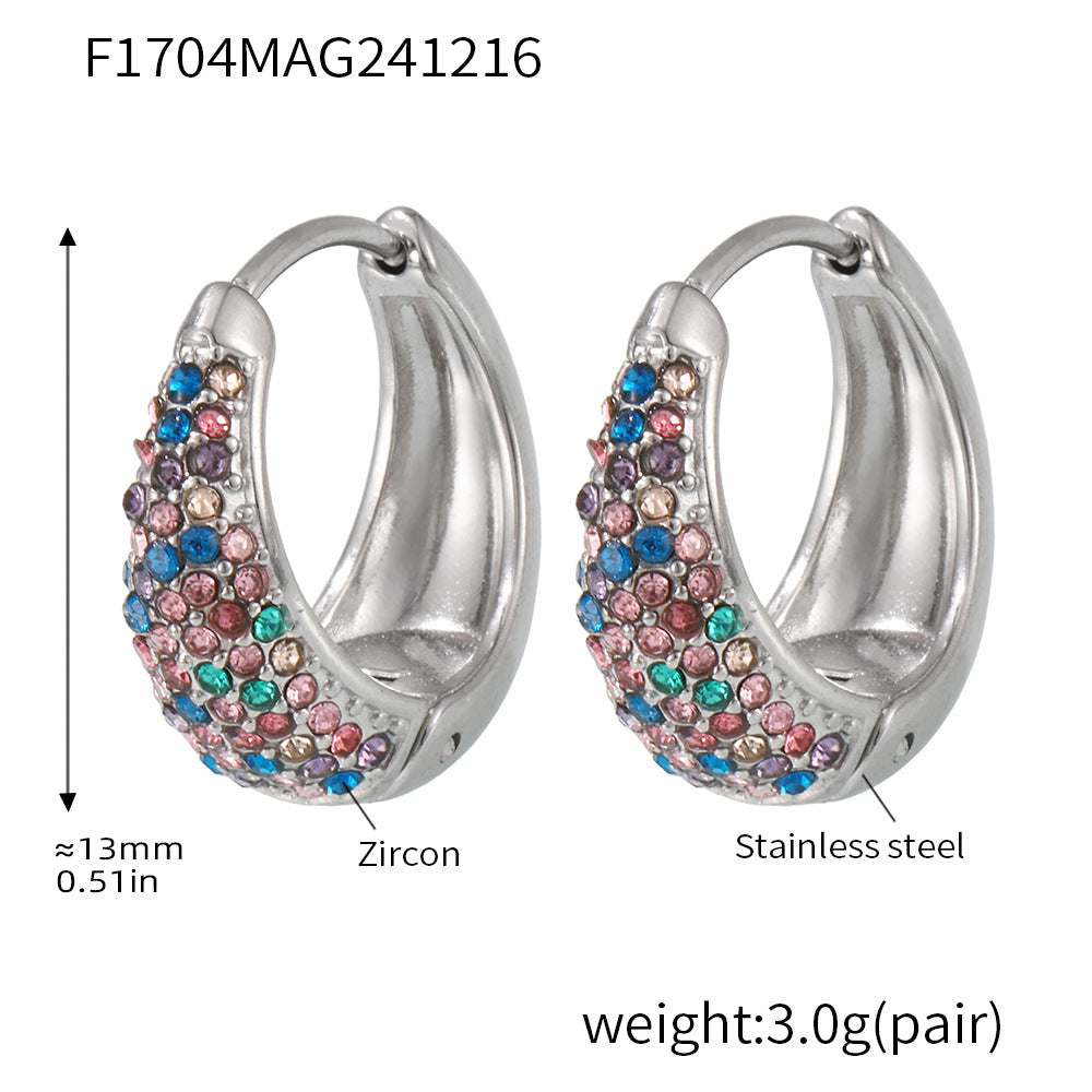 Blue Turquoise Colorful Zircon Circle Earrings Temperament Ear Buckles Commuter Earrings Stainless Steel Electroplated 18K Real Gold