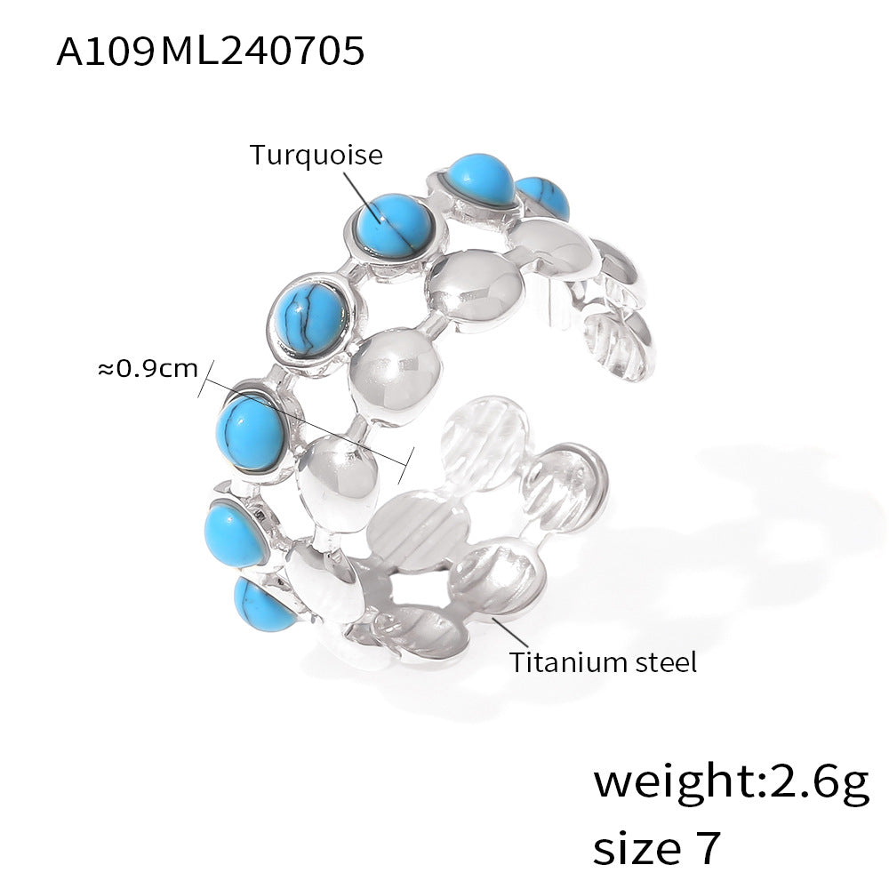 European and American fashion simple personality double-layer jewelry round brand splicing design sense inlaid with blue turquoise titanium steel open ring pp