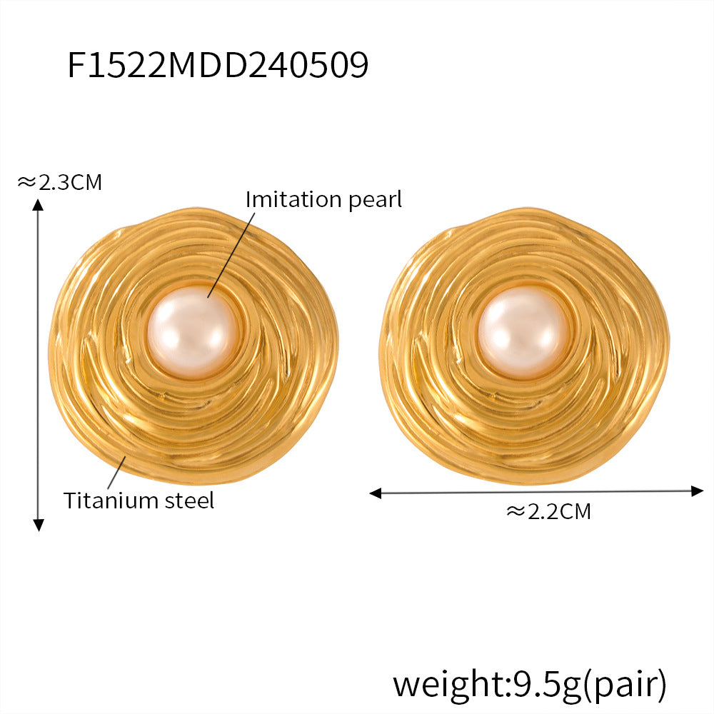 Retro style niche geometric texture design sense earrings inlaid beads flower round brand shape titanium steel gold-plated earrings