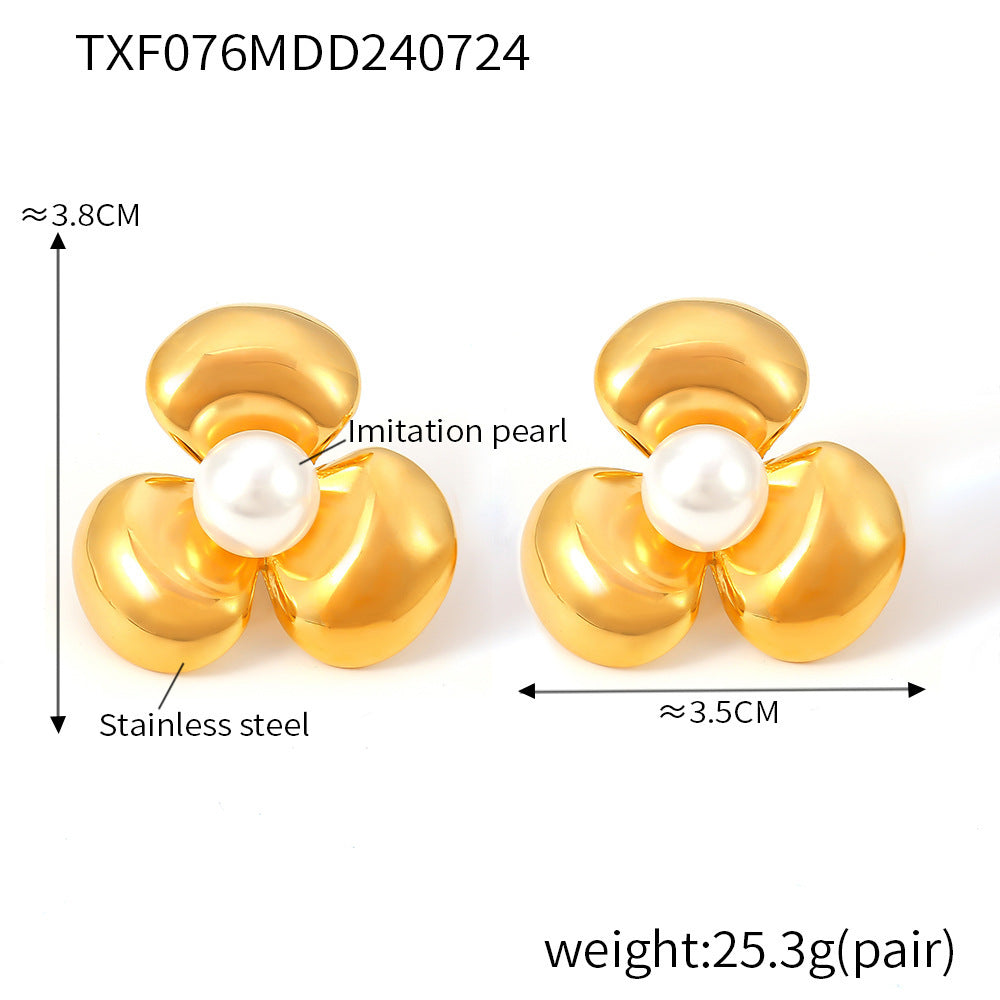 Textured petals flower inlaid bead stud earrings stainless steel electroplated 18K real gold earrings earrings combination