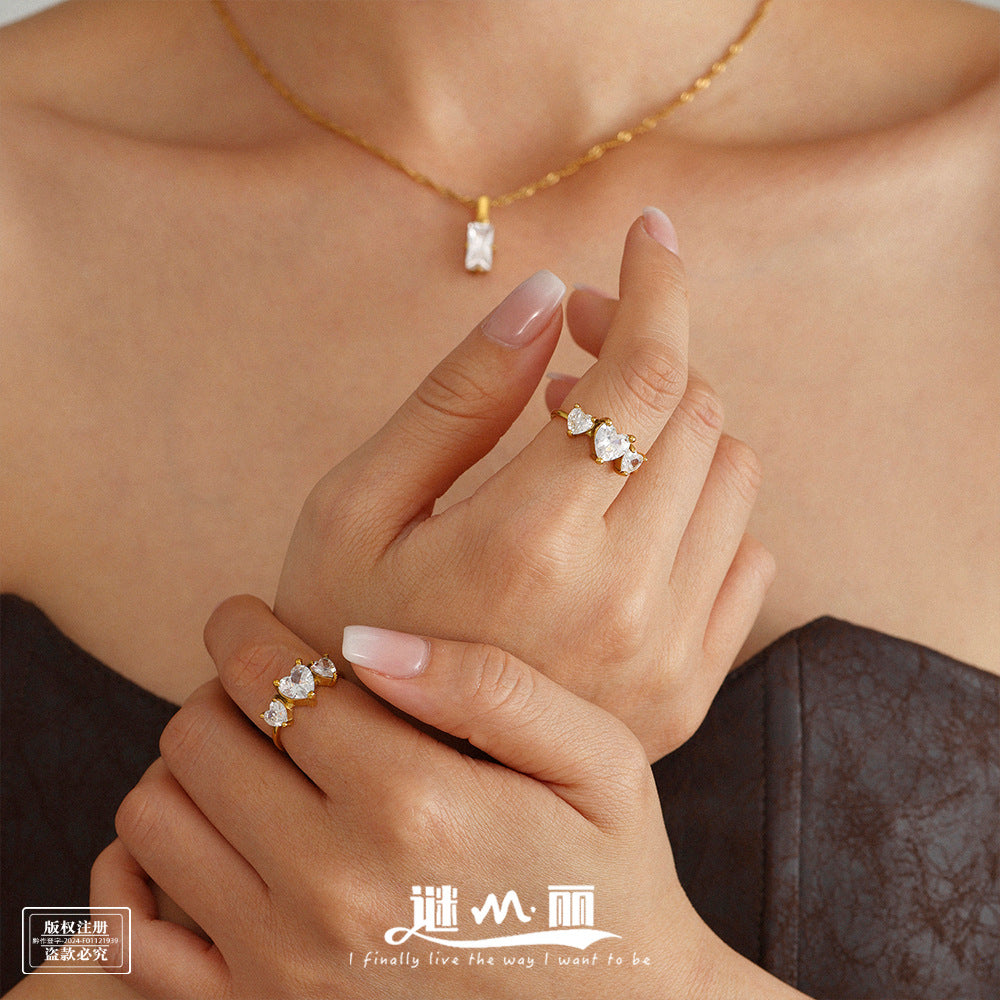 Stainless steel love super flash zircon ring opening adjustable jewelry simple and sweet jewelry