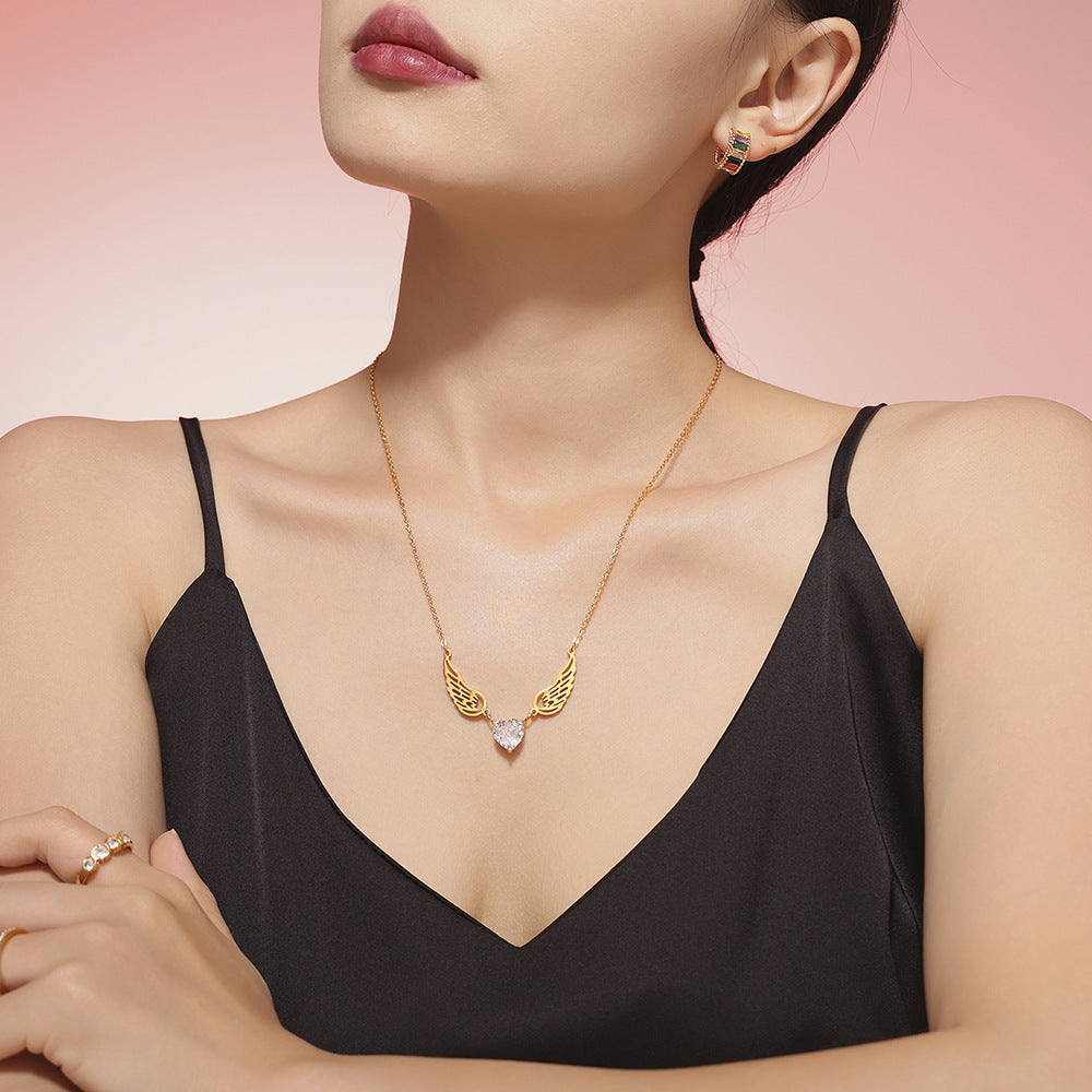 Love Zircon Angel Wings Necklace Versatile Personality Temperament Muse Gift Titanium Steel Clavicle Chain Jewelry Women