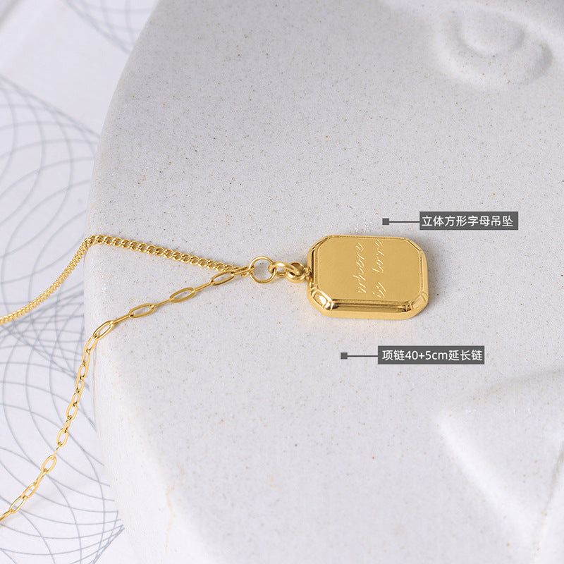 choker three-dimensional square small gold brick letter double spell pendant necklace, titanium steel plated 18K gold collarbone chain female