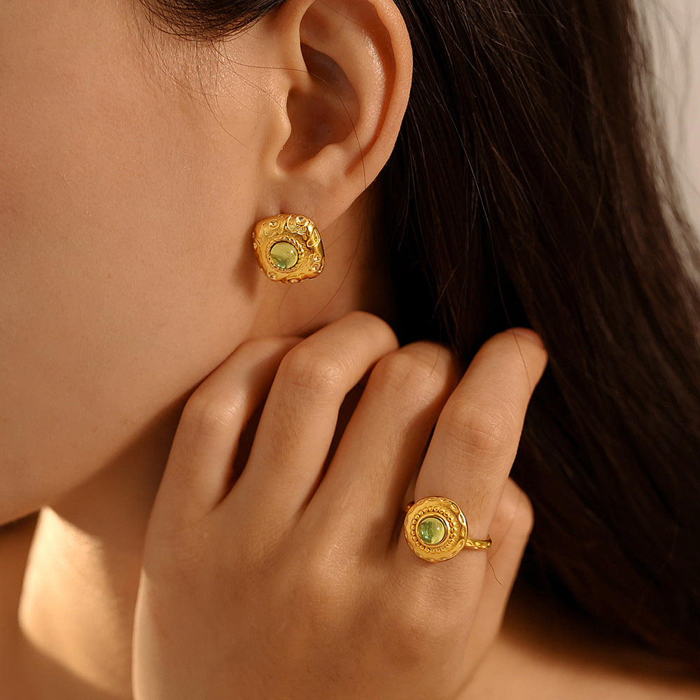 Vintage square threaded green glass earrings, court style open ring set, titanium steel PVD plated 18K real gold.