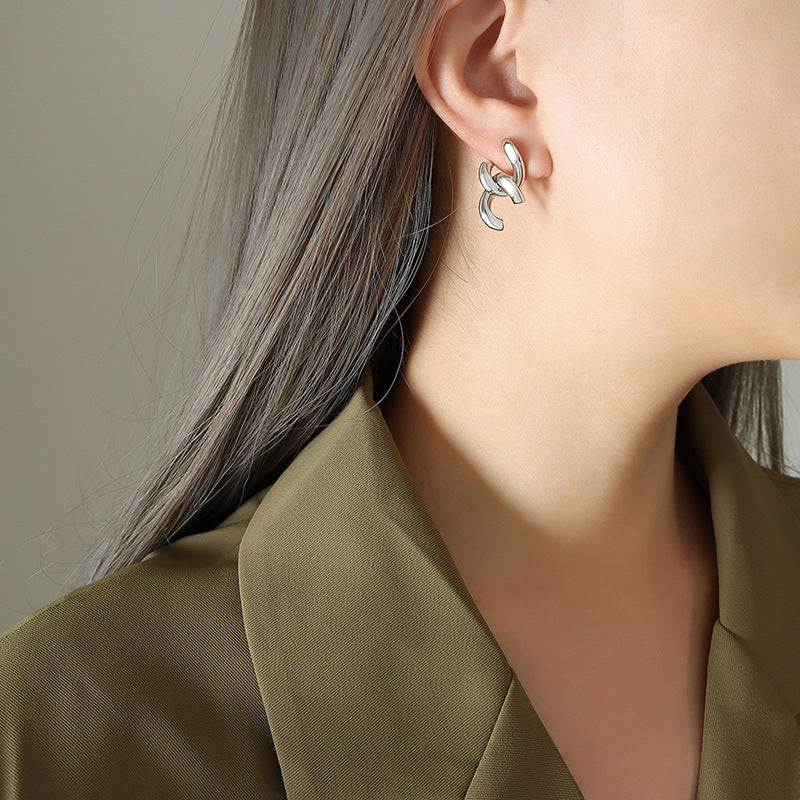 Chain splicing stud earrings women's titanium steel plated 18k gold earrings personalized ins cold wind earrings wholesale F393pp