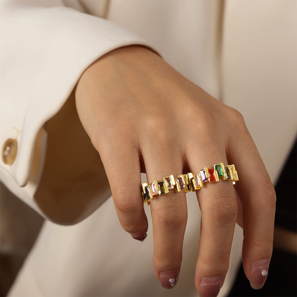 New light luxury simple fashion copper material inlaid with colored zircon open ring personalized niche design jewelry